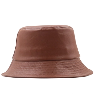 Minimalist brown faux leather bucket hat with multi-row stitched brim for sun protection