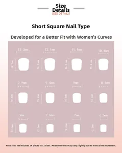 Size chart for short square press-on nails featuring 12 different widths and 24 pieces