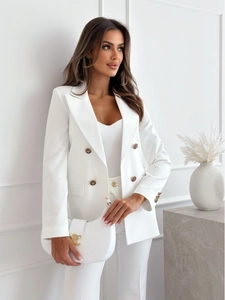 Detail of white double-breasted blazer with gold buttons and matching moon bag
