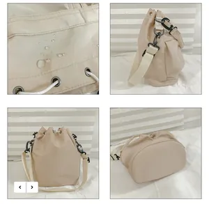 Close-up of waterproof beige nylon fabric and drawstring detail on bucket bag