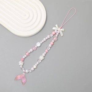 Pink mermaid tail and white bow beaded phone charm with pastel acrylic heart beads