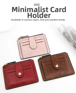 Flat lay of minimalist PU leather card holders in pink, brown, and burgundy colors