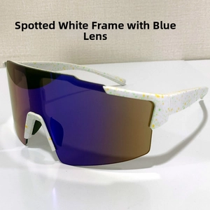 Detail of speckled white frame sports sunglasses with blue mirror lenses