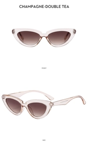 Front and side view of champagne cat eye sunglasses with gradient tea lenses