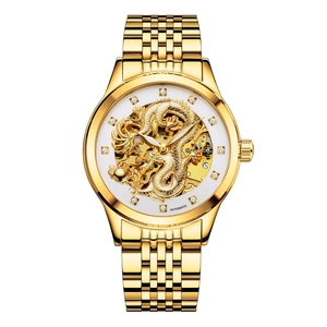 Montre automatique de luxe en or pour homme avec relief dragon et cadran squelette