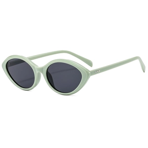 Retro cat-eye sunglasses with light green frames and oval grey lenses for outdoor UV protection