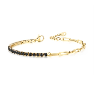 Detail of paperclip chain bracelet with black cubic zirconia stones and lobster clasp