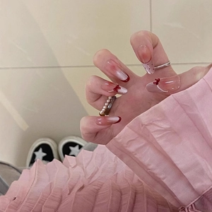 Lange Mandelform Aufpressnägel Pink Rot Verlauf Katzenaugeneffekt Mit 3D Schleife Und Stahlperlen Süßer Cooler Stil