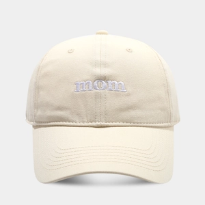 Minimalist beige cotton baseball cap featuring purple mom embroidery on the front