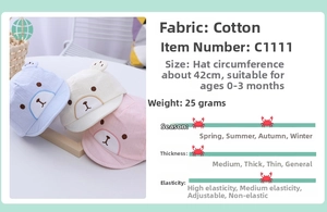 Detail of embroidered bear newborn hats in pink, beige, and blue soft cotton fabric