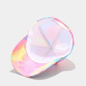 Inside view of colorful tie-dye baseball cap showing sweatband and seam structure