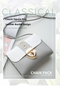 Close-up of grey and white crossbody bag with golden metal buckle and leather strap