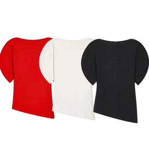 Women Short Sleeve Top Polyester Asymmetrical Hem Puff Sleeve Fashion Streetwear Casual Round Neck Solid Color