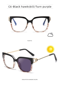 Detail of photochromic cat eye glasses frame showing clear to purple lens transition