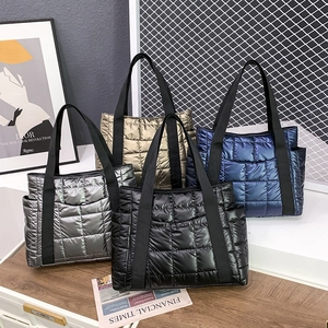 Large Quilted Puffer Tote Bag Metallic Shiny Nylon Water Resistant Commuter Handbag Women