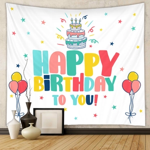 Bohemian happy birthday tapestry with colorful balloons and cake for room decoration