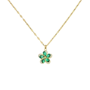 Titanium steel necklace featuring a green zircon flower pendant with golden finish