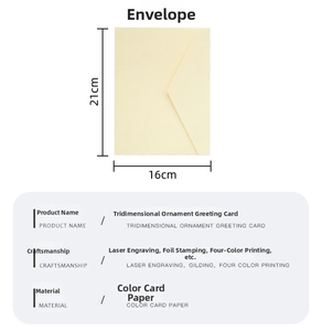 Detailed size chart for 3D greeting card with 21x16cm cream envelope and gold stamping