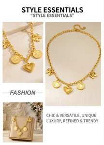Macro detail of gold-plated necklace with vintage heart, bow, and portrait coin charms