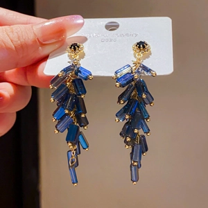 Detail of blue teardrop crystal earrings with S925 silver needle and long tassel style