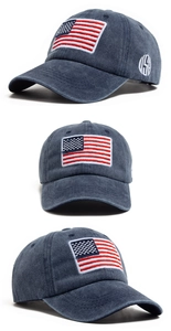 Multiple views of a washed cotton baseball cap with American flag embroidery