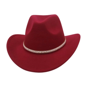 Close-up of burgundy fedora hat with decorative pearl and rhinestone belt band