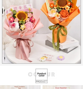 Detailed view of hand-knitted flower bouquets in pink and orange gift packaging