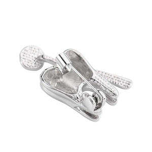 Silver metal tooth shaped medical brooch showing detailed pin back closure on white background