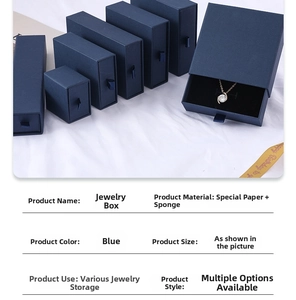 Blue drawer-style jewelry gift boxes with foam inserts in multiple rectangular sizes