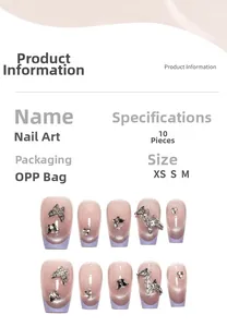 Detailed chart of purple cat eye press-on nails with 3D butterfly and rhinestone accents