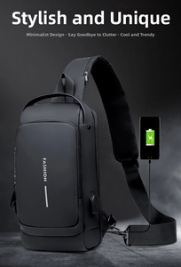 Detail of black waterproof chest bag featuring external USB charging port and data cable