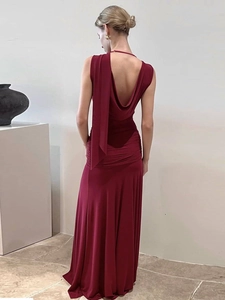 Elegant backless burgundy maxi dress with draped cowl back and shoulder streamer detail