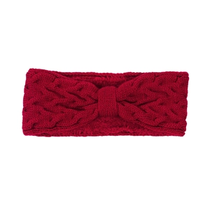 Close-up of wine red chunky cable knit headband showing detailed wool texture and bow tie