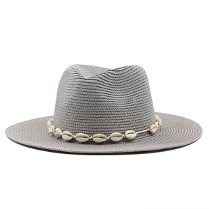 Classic grey fedora sun hat with natural white shell band for bohemian beach style