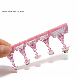 Pink magnetic nail art display stand with five holders on a laser aurora base
