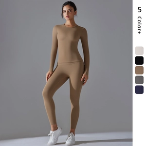 Ensemble de Yoga Brossé à Haute Élasticité pour Femme Haut à Manches Longues et Leggings à Poches Fitness Course Gym 2 Pièces