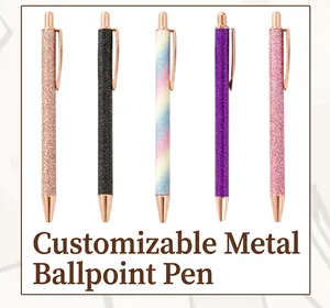 Detailed view of metal ballpoint pens in glitter rose gold, purple, and rainbow finishes