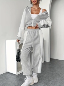 Women's 3-piece gray contrast lounge set with hooded jacket, crop top and joggers