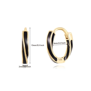 Detail view of twisted gold earrings with black enamel inlay and 13mm height dimensions