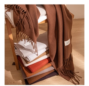 Close-up of fringe details and soft texture on colorful faux cashmere winter scarves