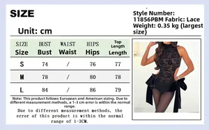 Detailed size chart for the sleeveless black lace bodysuit showing S to L measurements