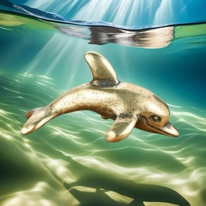 Vintage brass dolphin figurine with textured finish shown in artistic underwater scene