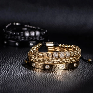Luxurious multi-layer stainless steel bracelet set with gold beads and crystals