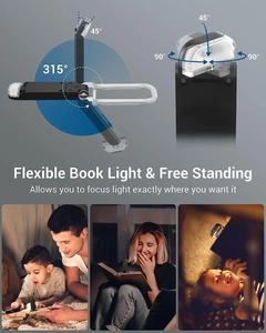 Flexible black book light with transparent base showing adjustable angles and usage scenes