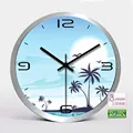 Detail view of tropical beach design wall clock made with 3mm triple-layer glass material