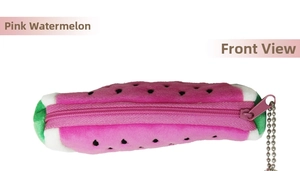 Detailed front view of a plush watermelon coin purse with pink center and embroidered seeds
