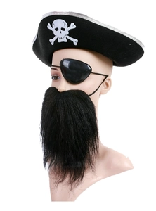 Vista dettagliata del set costume da pirata di Halloween con cappello, benda e barba finta.