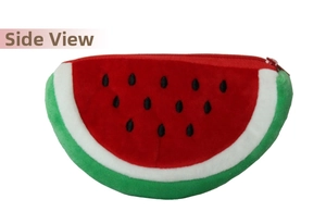 Side view of a watermelon plush coin purse with embroidered seeds and red zipper detail