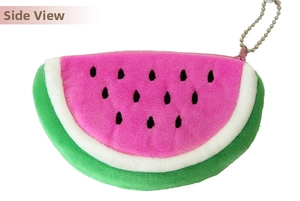 Side view of watermelon plush coin purse with pink zipper and silver bead chain