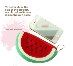 Detailed plush watermelon coin purse with soft texture and metal bead chain keychain